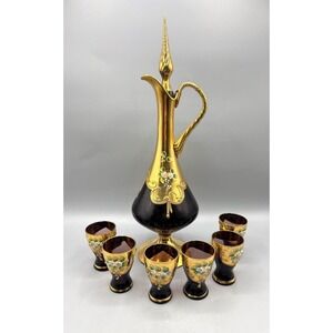 Vtg Ardalt Italy Glass Gold Decanter Set 6 Cordials Hand Painted Floral Barware